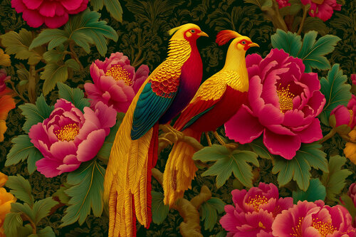 2 golden pheasants with peachy peonies von Charley Brindley, Digital kaufen auf Singulart