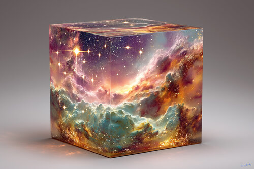A cube of space containing the constellation Perseus as it appears in the northern sky in early December. The star-filled cube measures 100 light-years on each side von Charley Brindley, Digital kaufen auf Singulart