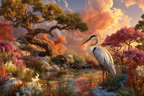 Blue heron and bristlecone pine tree near Tuscarora Nevada. USA van Charley Brindley, Digitaal te koop op Singulart