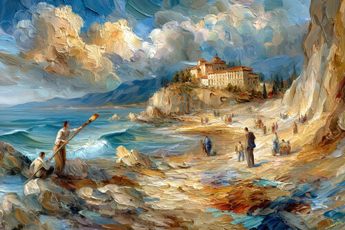 1844. The finishing touches on a mural of Anantara Convento di Amalfi Grand Hotel, a former 12th century convent situated on a cliff overlooking Amalfi. 45 kilometers from Sorrento, Italy, on the Bay of Naples van Charley Brindley, Digitaal te koop op Singulart