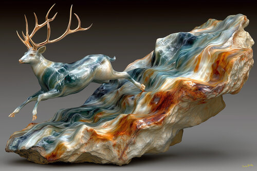 Elk escaping down a mountain stream. Sculpted from golden statuario marble from a quarry in Tuscany, Italy, near the village of Carrara. This is the same quarry that provided the marble for Michelangelo's David. van Charley Brindley, Digitaal te koop op Singulart