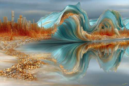 Texas tidal wave. 32 minutes after an 8.8 magnitude earthquake occurred 7 miles off the coast of Cancun, in the Gulf of Mexico, a 500-meter-high tsunami hit the Dallas-Fort Worth Metroplex di Charley Brindley, Digitale in vendita su Singulart