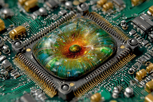 Quantum 8088 AI microprocessor chip designed by MolectularSynaspe, Inc. specifically for the pseudo humanoid Jen Five van Charley Brindley, Digitaal te koop op Singulart