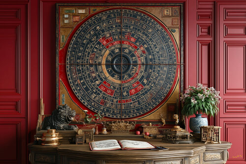 Antique luopan compass used in the art of feng shui; the Chinese practice of arranging environments to promote harmony, balance, and good fortune by optimizing the flow of life energy by Charley Brindley, Digital for Sale on Singulart
