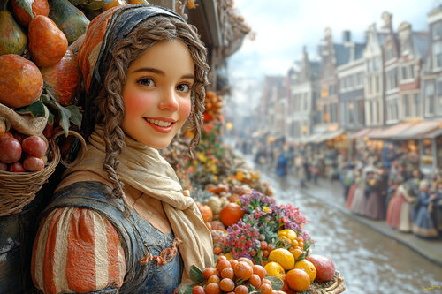 Saskia Jansen sells fruit and flowers on the Bloemgracht canal in Amsterdam, circa 1635 di Charley Brindley, Digitale in vendita su Singulart