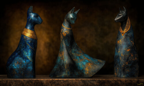 Mafdet (center) was a cat deity from the Middle Kingdom of ancient Egypt. Bronze c. 1950 BCE von Charley Brindley, Digital kaufen auf Singulart