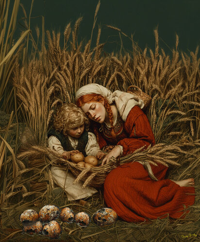 The potato thief, County Roscommon, Ireland 1851. Can you guess the identity of the thief?  All the clues are here and in the artwork van Charley Brindley, Digitaal te koop op Singulart