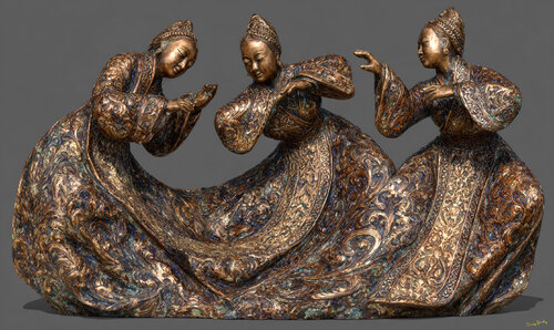 In celebration of the Peacock Dance by the Dai People of Yunnan Province of China van Charley Brindley, Digitaal te koop op Singulart