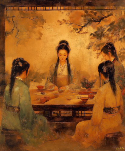 Meditation brings peace and tranquility at afternoon tea de Charley Brindley, Digital a la venta en Singulart