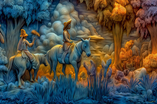 1573 CE. Spanish explorers on the banks of the Primero River in Córdoba Argentina di Charley Brindley, Digitale in vendita su Singulart