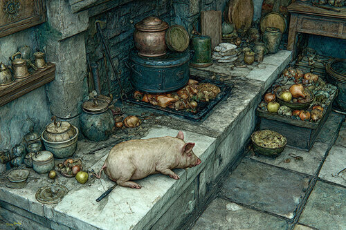 Medieval French kitchen, dîner à sept heures van Charley Brindley, Digitaal te koop op Singulart