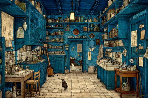 The blue kitchen of Auckland van Charley Brindley, Digitaal te koop op Singulart