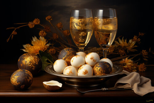 Warm truffles with pheasant eggs and Armand de Brignac Rosé Midas Champagne by Charley Brindley, Digital for Sale on Singulart