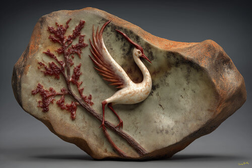Red-Crested Crane carved in stone by Charley Brindley, Digital for Sale on Singulart
