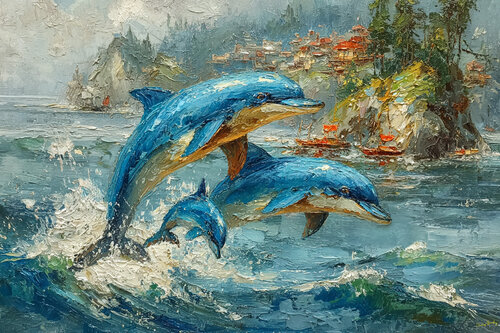 Dolphin family near the fishing village of Tellaro, on the Italian Riviera van Charley Brindley, Digitaal te koop op Singulart
