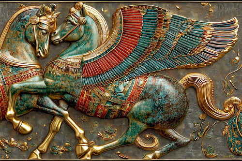 Winged and caparisoned, the Nisaean horse of ancient Persia van Charley Brindley, Digitaal te koop op Singulart
