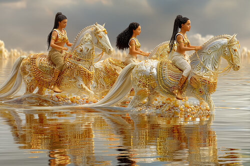 Nefertiti, Meketaten, and Tiye crossing the Nile, 1397 BCE di Charley Brindley, Digitale in vendita su Singulart