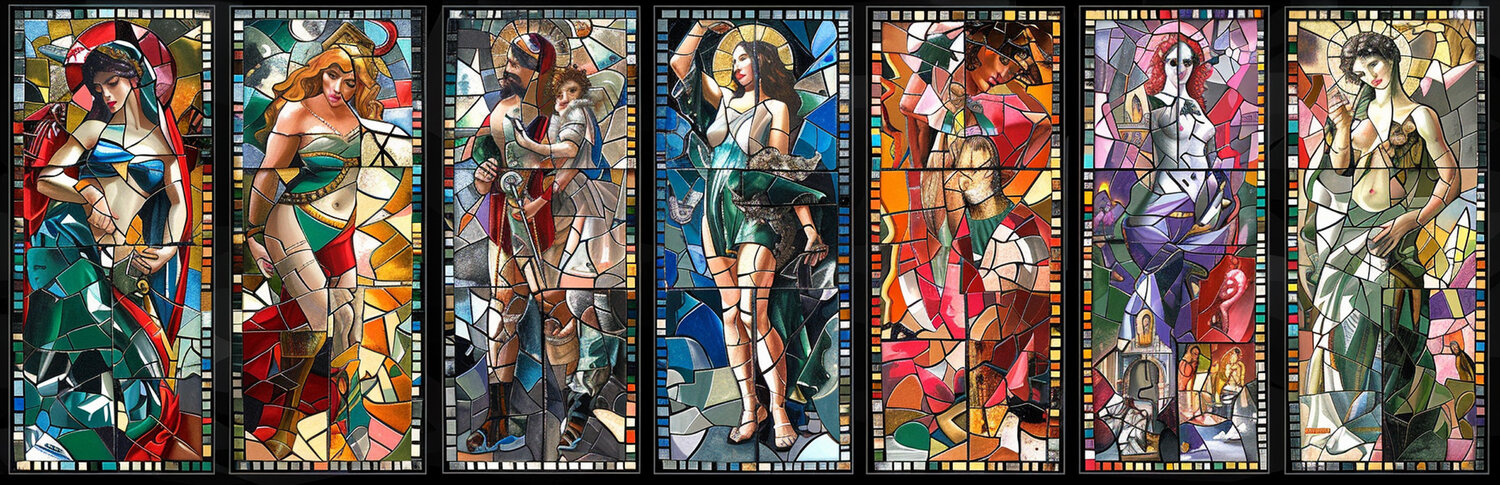 Stained-glass windows in the pagan church on the banks of the river Styx, built by the pilgrims from Aberkerzambia in the seventh century BCE. Charley Brindley Digital à vendre
