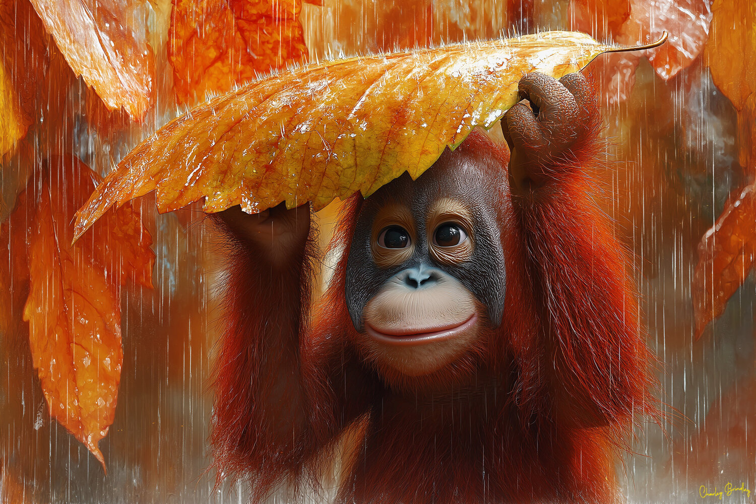 Young orangutan holding a leaf over his head in a rain storm Charley Brindley Digital zu verkaufen