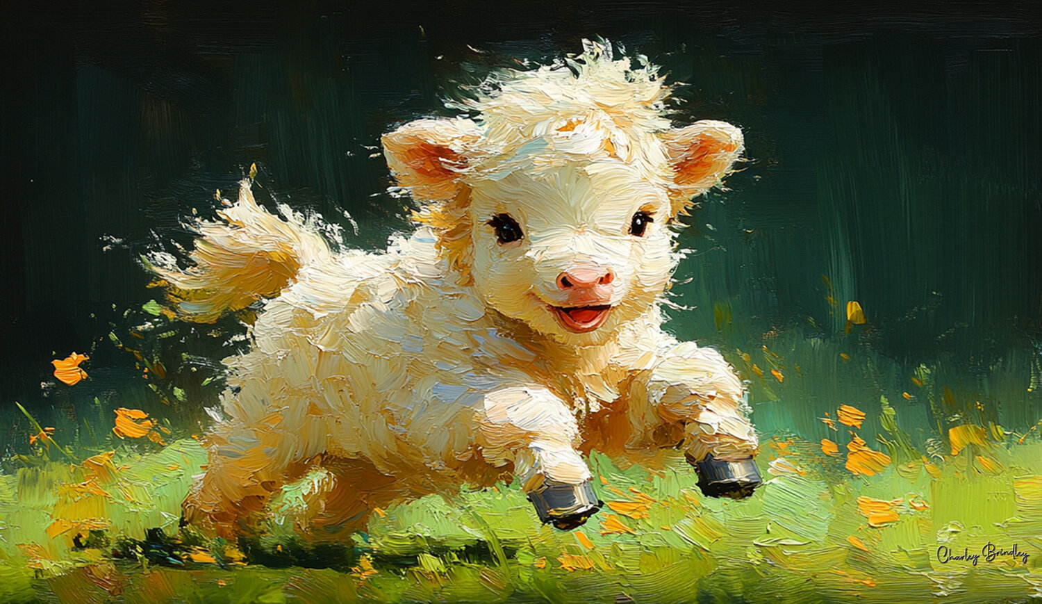Happy newborn Scottish Highland calf romping through the pasture Charley Brindley Digital zu verkaufen