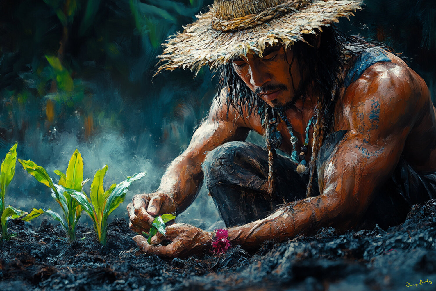 Tahitian farmer tending young cassava plants Charley Brindley Digitale in vendita