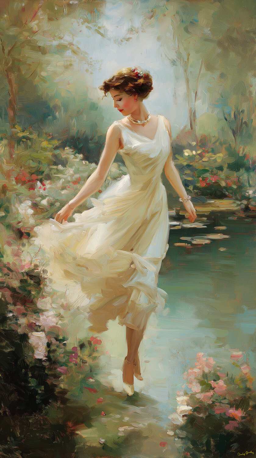 Young woman walking beside pond Charley Brindley