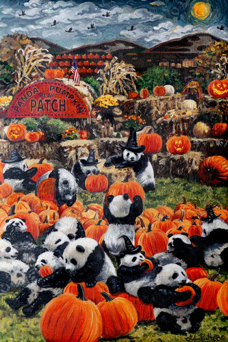 Halloween Pandas In Pumpkin Patch di Julie Pace Hoff, Pittura in vendita su Singulart