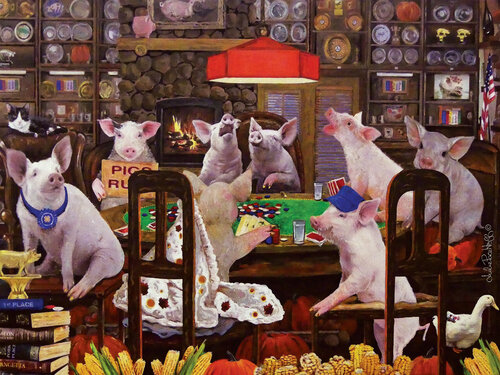 Pigs Playing Poker  "After The State Fair" by Julie Pace Hoff, 회화 for Sale on Singulart