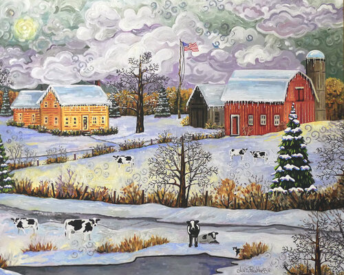 Landscape Farm In Snow with Cows di Julie Pace Hoff, Pittura in vendita su Singulart
