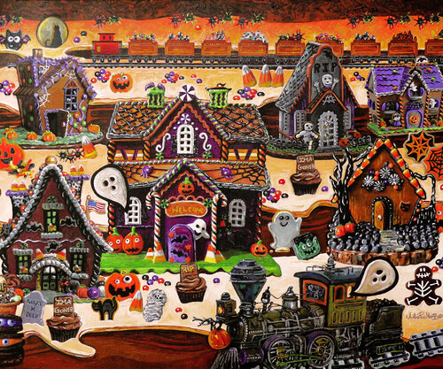Halloween Haunted Cookie Town di Julie Pace Hoff, Pittura in vendita su Singulart