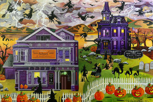 Halloween Witches Flight School di Julie Pace Hoff, Pittura in vendita su Singulart