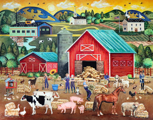Hay Barn With Farm Animals di Julie Pace Hoff, Pittura in vendita su Singulart