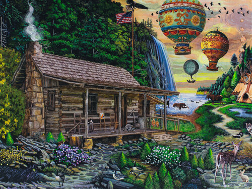 Daniel Boone's Cabin Idealized di Julie Pace Hoff, Pittura in vendita su Singulart