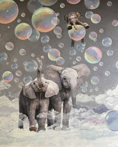 Elephant Family And Bubbles von Julie Pace Hoff, Malerei kaufen auf Singulart
