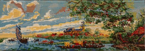 River landscape with ships and church in the background di Rob Scholte, Altri media in vendita su Singulart