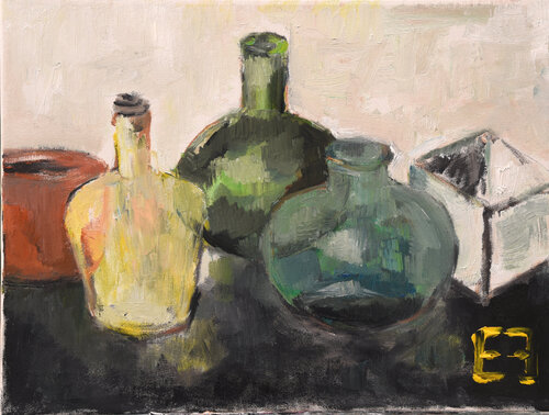 Still life with green glass vases von Elena Zapassky, Malerei kaufen auf Singulart
