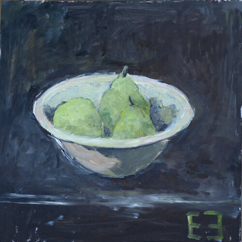 Green pears on black background von Elena Zapassky, Malerei kaufen auf Singulart