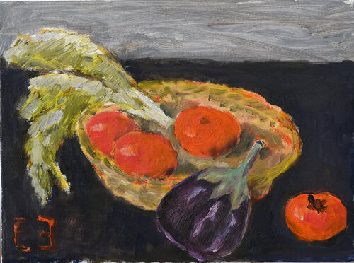 Vegetables against a winter landscape par Elena Zapassky, Peinture en vente sur Singulart