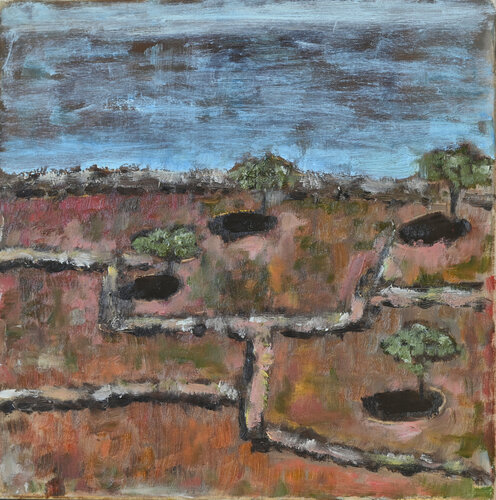 Terra rosa - olive trees de Elena Zapassky, Pintura a la venta en Singulart