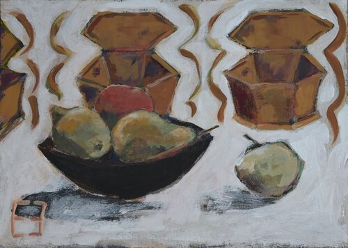 Still life against the backdrop of an imaginary falconer's cloak de Elena Zapassky, Pintura a la venta en Singulart