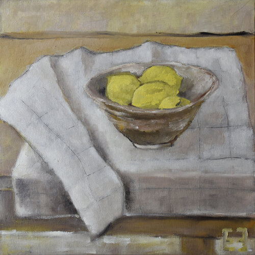 Japanese bowl on a checkered towel von Elena Zapassky, Malerei kaufen auf Singulart