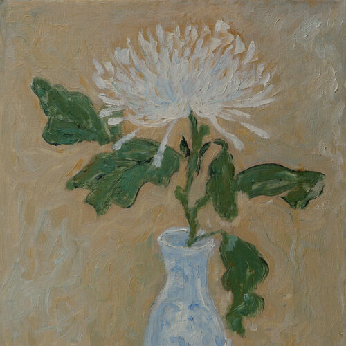 White Chrysanthemum in Chinese vase van Elena Zapassky, Schilderij te koop op Singulart