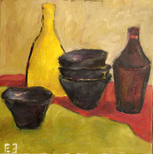 Still life with Japanese ceramics di Elena Zapassky, Pittura in vendita su Singulart