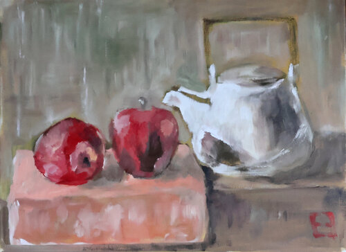 Red apples with teapot von Elena Zapassky, Malerei kaufen auf Singulart