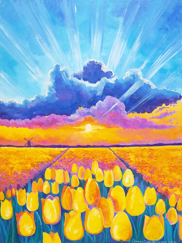 Morning on a tulip field par Oksana Chetverikova, Peinture en vente sur Singulart