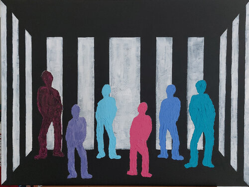 Men on stage by Mieke Van Cauter, Painting for Sale on Singulart