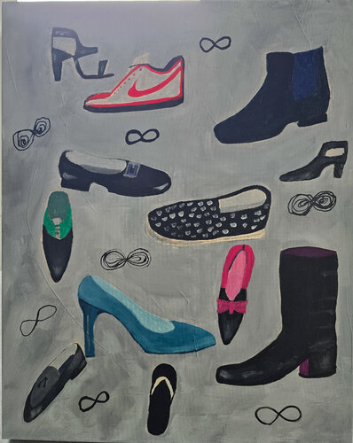 The Colored Shoes – The Many Ways We Walk de Mieke Van Cauter, Pintura a la venta en Singulart