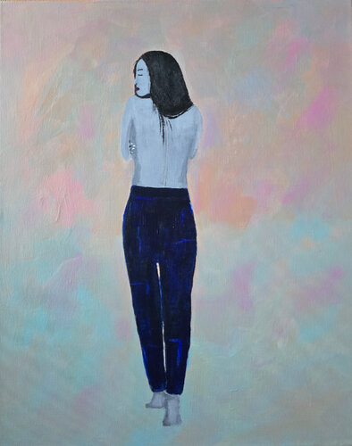 The Woman with the Blue Pants van Mieke Van Cauter, Schilderij te koop op Singulart