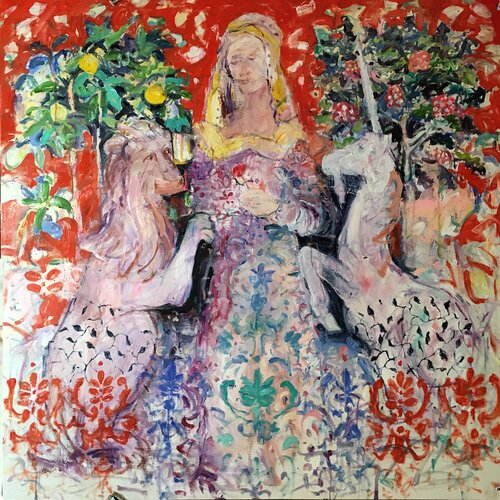 The Lady and the Unicorn (Smell) van Stephen Linsteadt, Schilderij te koop op Singulart