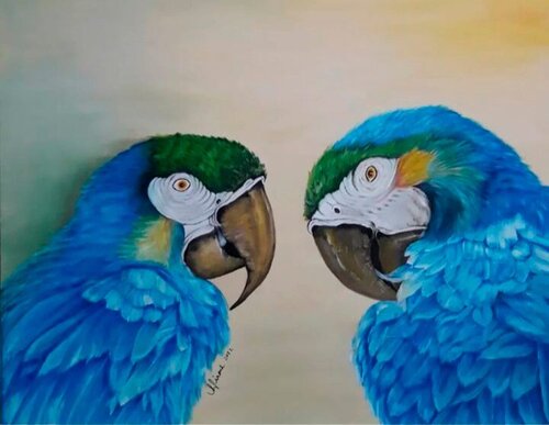 Pair Of Blue Macaws von Vanda Direne, Malerei kaufen auf Singulart